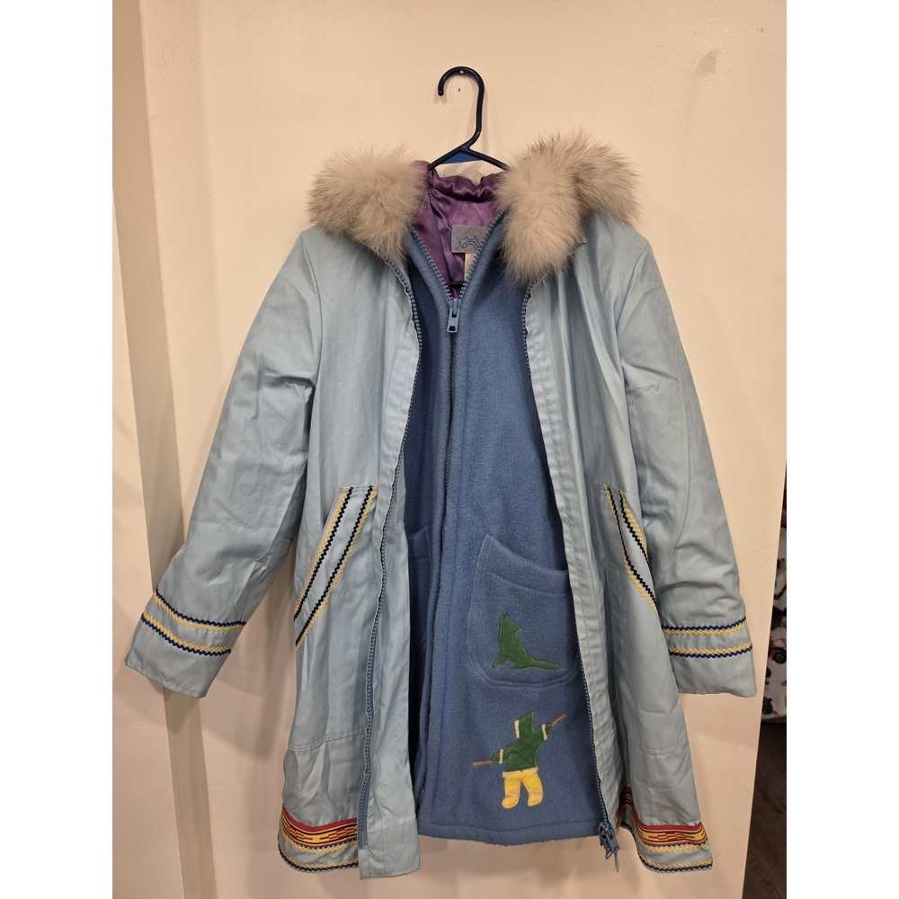 VTG Canadian Arctic Inuvik Parka and Overcoat Blue Wool Fur Trim Inuit Made M/L